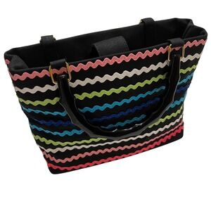 Tiannl Colorful Wavy Ric Rac Black Faux Bamboo Handle Tote Purse